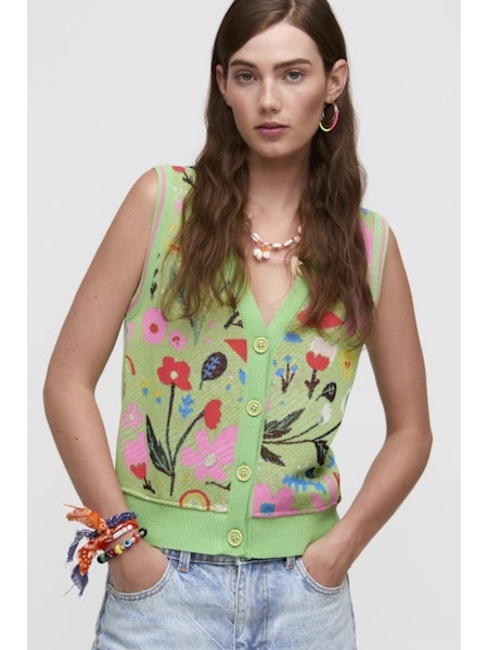 Aldo Martins Green V Neck Bohemian Floral Knit Vest • Size XS